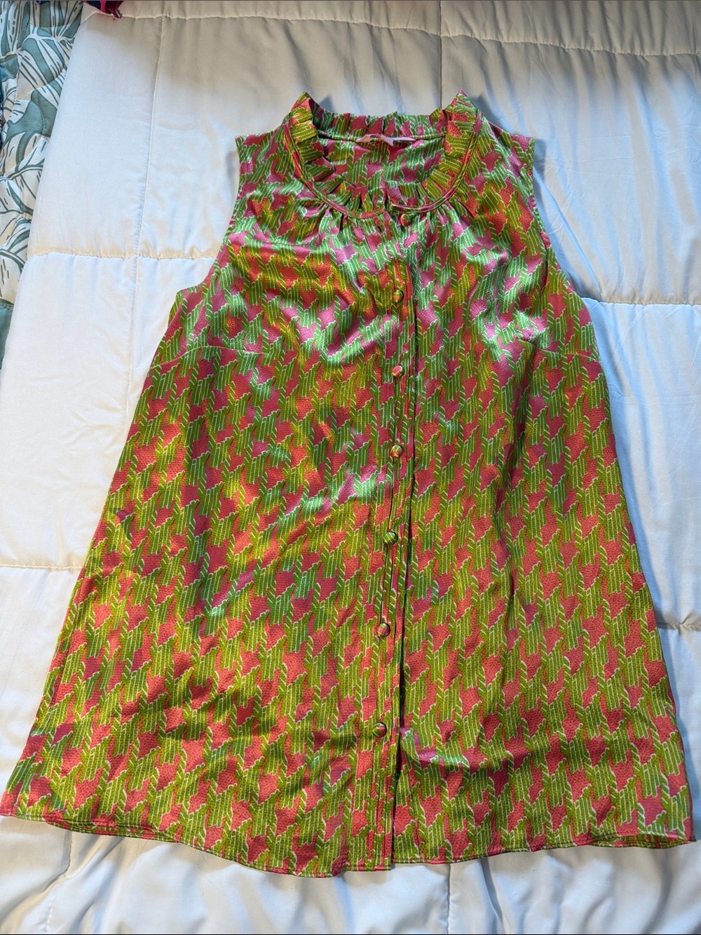 Lilly Pulitzer Pink & Green Sleeveless Ruffle-Neck Button Front Top